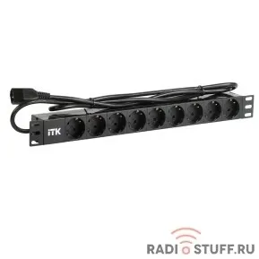 Блок розеток, 9 розеток, нем. ст, 1U, вилка С14, ПВХ, шнур 2м, черный, ITK